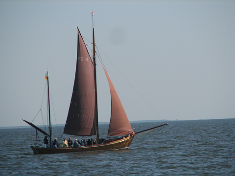 Segelboot mit dunkelbraunen Segel auf dem Wasser