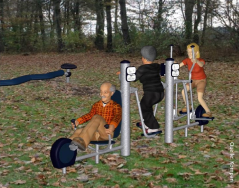 Das Foto zeigt Outdoor-Fitnessgeräte auf denen animierte ältere Menschen trainieren.